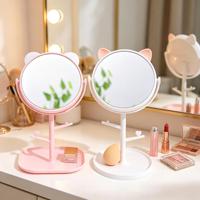 Miroir de maquillage rotatif de bureau à cadre en plastique haute définition avec oreilles de chat, design créatif et minimaliste, pour table de toilette de princesse et de beauté