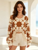 Nuevo Bolero de Punto Fino de Ganchillo 2026 con Diseño Floral Bohemio Calado, Manga Regular y Borlas, Top Corto de Verano para Playa para Mujer