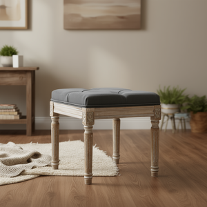 Otomana Acolchada Vintage con Asiento de Tela Gris y Patas de Madera Rústicas, Taburete para el Hogar, Muebles para Sala de Estar - Product Image 2