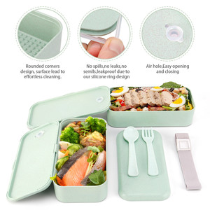 Kotak makan siang Bento plastik lapisan ganda ramah lingkungan kualitas tinggi makanan penuh warna tutup bebas BPA wadah penyimpanan gandum - Product Image 4