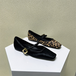Fashion One Line With Leopard Print Square Head Flat Shoes Shallow Mouth Single Shoes Woman - Product Image 1