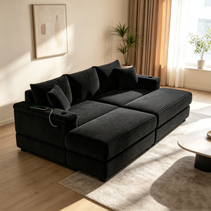 Sofá Reclinable Doble de Corduroy Negro Resistente con Reposapiés, Almohadas, Portavasos y Módulo de Carga USB Integrado - Product Image 1