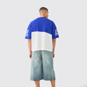 T-shirt en tricot graphique surdimensionné pour homme, épaules tombantes, bicolore, style streetwear, personnalisable, vente en gros OEM - Product Image 4