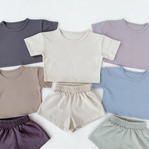 Zomer Ins Style Babykleding Zuiver Katoen Korte Mouwen T-shirt Shorts <span class=keywords><strong>Set</strong></span> Unisex Kinderen Effen Kleur Zacht Veelzijdig Babypakje - Product Image 2