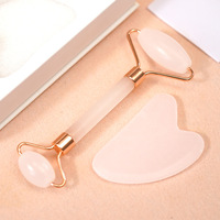 Planche Gua Sha en Jade Rose Naturel en Forme de Cœur, Ensemble de Rouleaux Double Tête, Masseur Facial et Corporel, Soin Anti-âge du Cou, en Alliage de Zinc