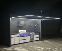 Cuisine extérieure moderne sur mesure, îlot BBQ, armoires modulaires en acier inoxydable, grill, évier, four à pizza, rangement pour vin, patio de luxe