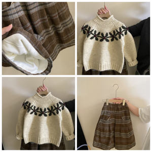 Sweet Floral Knitted Sweater Velvet Retro Plaid Pants Moda Conjunto de <span class=keywords><strong>ropa</strong></span> para <span class=keywords><strong>niñas</strong></span> - Product Image 2