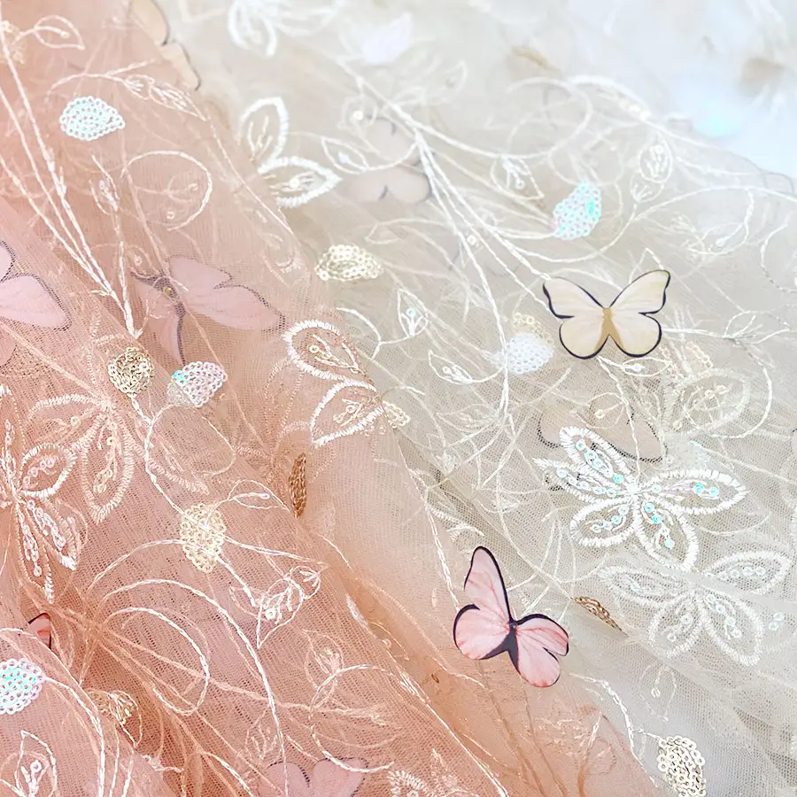 Falda de encaje de Hada, tela de malla bordada de mariposa 3d