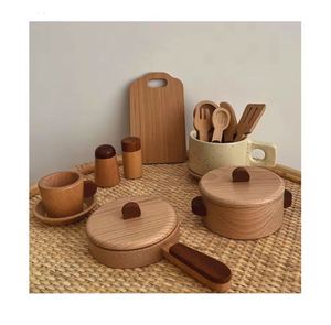 15 pièces de kits de cuisine en bois, bois de hêtre naturel, vaisselle de jeu pour tout-petits, ensemble de nourriture pour enfants, filles et garçons - Product Image 1