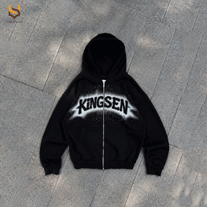 ผู้ผลิตเสื้อผ้าสตรีทแวร์แบบกำหนดเอง เสื้อฮู้ดดี้ทรงบ็อกซี่หนาน้ำหนัก 420 กรัม พิมพ์ลายประดับเพชร ผ้าฝ้าย 100% เสื้อฮู้ดดี้แบบซิปหลวมสำหรับผู้ชาย - Product Image 2
