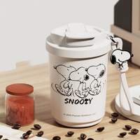 Mug à café Snoopys en acier inoxydable avec intérieur en céramique, gobelet isotherme à double usage, couvercle rabattable, tasse à eau portable avec cordon de dessin animé