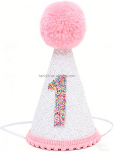 Chapeau de fête en <span class=keywords><strong>feutre</strong></span> pour premier anniversaire d'enfant avec pompon, rose pour bébé fille, 1er, 2e, 3e, 4e, 5e, 6e anniversaire, chapeau de fête en forme de cône - Product Image 2