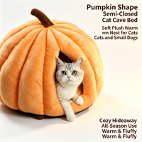 Lit pour chat en forme de citrouille semi-fermé, nid douillet en peluche toute saison pour chats et petits chiens