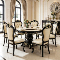 Luxuriöses Europäisches Rundes Massivholz-Esszimmer-Set mit Marmorplatte und Drehplatte, Cremefarbene PU-Lederstühle für Villa und Zuhause, Großhandel