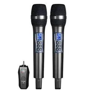 Microfones sem fio UHF duplos para Karaokê, sistema de microfone dinâmico sem fio conjunto com receptor recarregável, plug e reproduzir,
