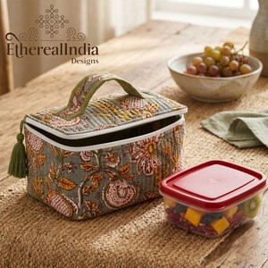 Floral Quilted <b>Makeup</b> <b>Bag</b> Cotton <b>Vanity</b> Organizer Travel Cosmetic Case Zipper Toiletry <b>Bag</b> - Product Image 4