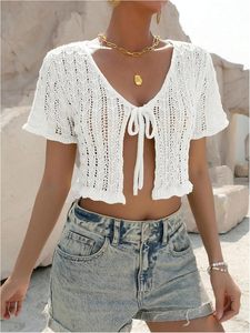 <span class=keywords><strong>SHENHE</strong></span> Cardigan d'été léger en maille acrylique unie à manches courtes et à nouer sur le devant pour femme - Product Image 3