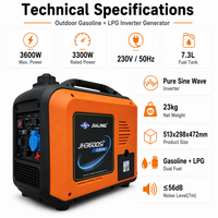 JIALING JHR3600Sie 3300W Tragbarer Inverter-Generator Einphasig Elektrischer Start 55dB Leise 5L Tank Benzin für Zuhause und Outdoor