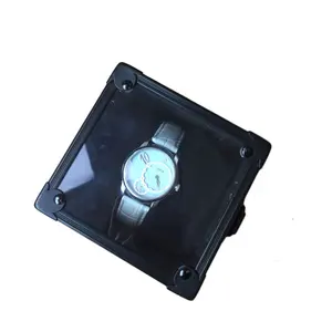 8x8 penutup akrilik bening kotak jam tangan aluminium wadah penyimpanan tunggal dengan bahan beludru untuk presentasi hadiah