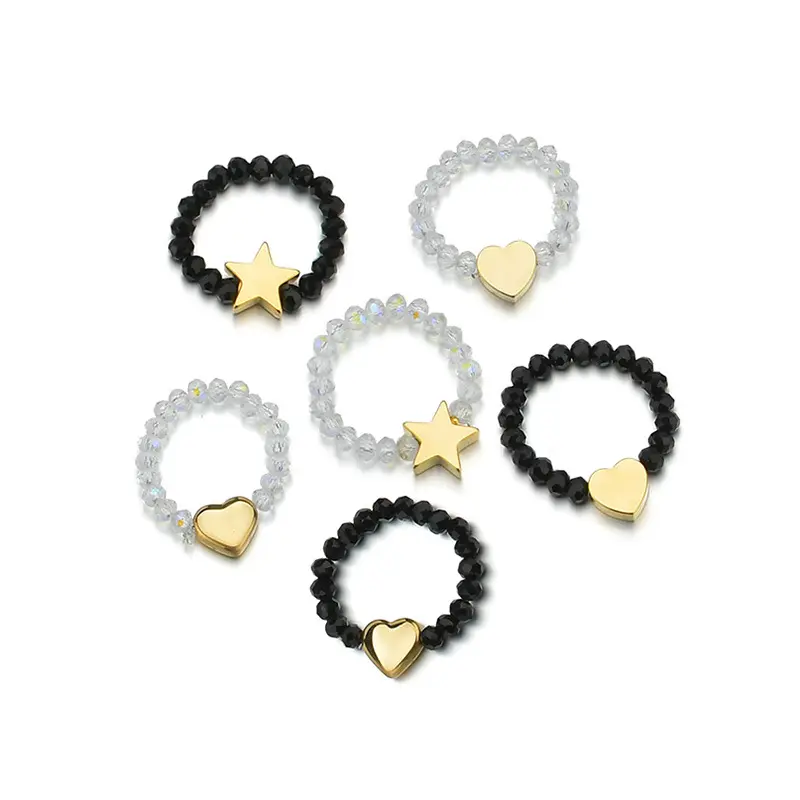 Boho Jewelry Stainless Steel Love Heart Star Elastic Geometric Flex Adjustable Female Black White Beaded Design Finger Ring Girl