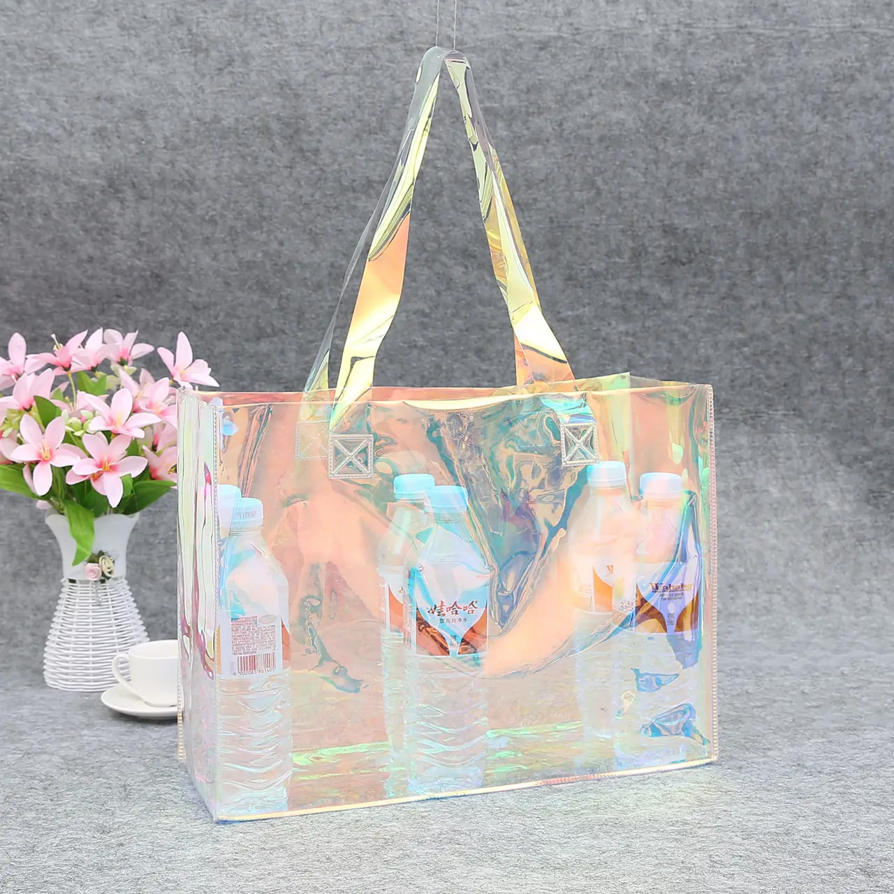 透明なトートビーチバッグ包装衣類ショッピングバッグハンドル付き透明プラスチックホログラフィックPVCパッキングバッグ