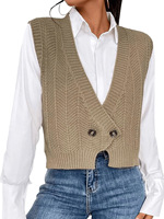 Gilet décontracté pour femme à col en V, cardigan court en tricot avec boutons décoratifs, 100 % acrylique anti-boulochage pour l'automne