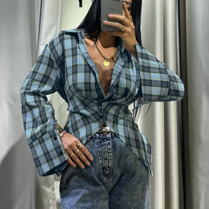 Chemise à carreaux boutonnée à manches longues en polyester et coton avec ceinture au dos pour <span class=keywords><strong>femme</strong></span>, collection Printemps 2026, tendance mode - Product Image 2