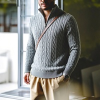 Pull en maille torsadée zippé pour homme, 100% coton épais 220g, style Old Money de luxe, col montant, personnalisé OEM