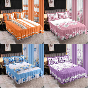 Juego de Ropa de <span class=keywords><strong>Cama</strong></span> LILIANNA Floral Lavender Queen, Falda de <span class=keywords><strong>Cama</strong></span> con Volantes de Dos Niveles con Cubrecama y Fundas de Almohada a Juego, Diseño Coordinado - Product Image 1