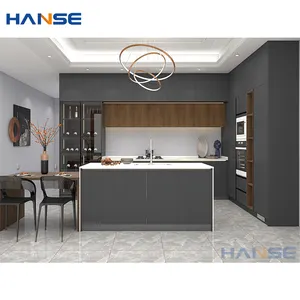 最新设计成套深灰色中密度纤维板木柜家具现代风格灰色哑光漆面厨柜