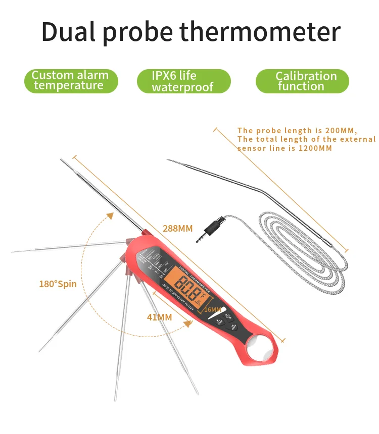 New product2 in 1 Meat Thermometer Food Thermometer with 2 Probes Alarm Setting Backlight Temp Chart and Magnet Meat Thermometer