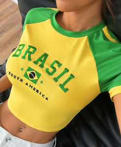 T-shirt da <span class=keywords><strong>donna</strong></span> in cotone Y2K di alta qualità con colori a contrasto grafica con bandiera brasiliana ricamata aderente manica Raglan - Product Image 3