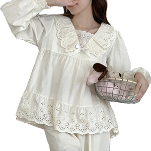 Damen Frühling Sommer Herbst Lässige Gewebte Atmungsaktive Langarm Weiße Vintage Rundhals-Bluse - Product Image 5