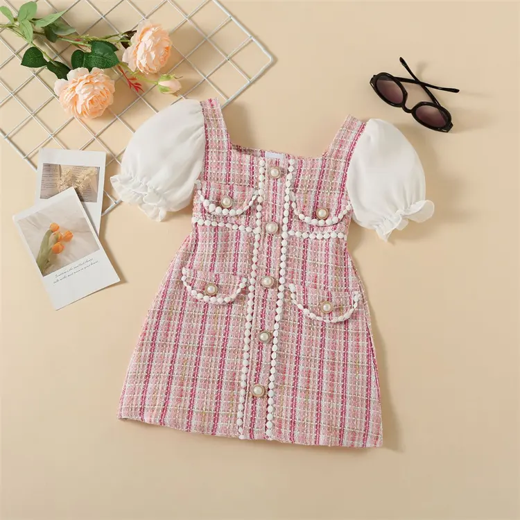 Summer Kids Clothes Girls Short Sleeve Plaid Pink Dress with Pearl Baby Girl Dresses Princess for Party Toddler Girls Dresses