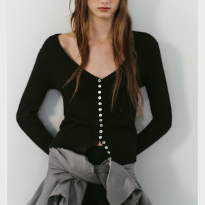 Cárdigan de punto acanalado con cuello en V personalizado para mujer, manga larga, con botones, ajuste ceñido, suéter de punto para otoño - Product Image 1