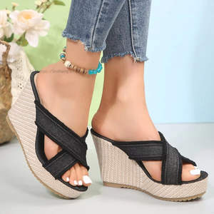 Summer New Round Head Cross Canvas Slippers Women's Fashion Foreign Trade Plus Size Denim Straw Roman <b>Shoes</b> - Product Image 4