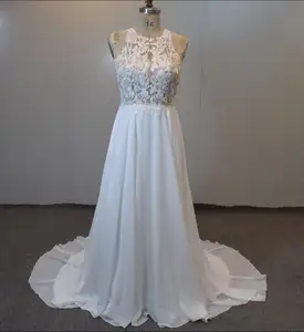 Embroidery Nude See Through Halter Neck Sheath Bridal Gown Ivory Chiffon Wedding Gown