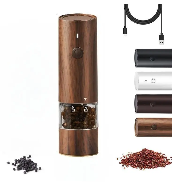 New Wooden Color Salt Pepper Grinder Set USB Rechargeable Electric Pepper Mill With Light