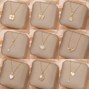 Luxury Women Gold Plated Four Leaf Clover Necklace Fashion Diamond Stainless Steel Necklace