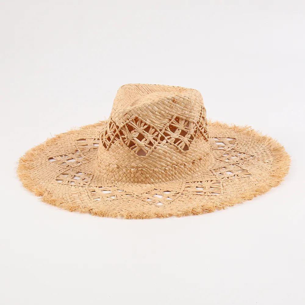 OEM raphia paille chapeau fait à la main fedora haut sombrero été soleil femmes dames pour la plage