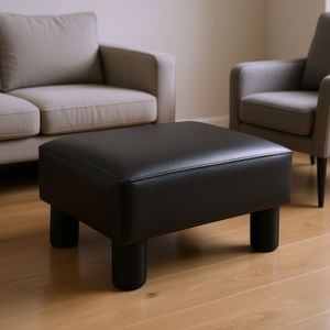 Reposapiés Otomano Moderno de Cuero Sintético, Asiento Acolchado Negro, Taburete para Sala de Estar - Product Image 2
