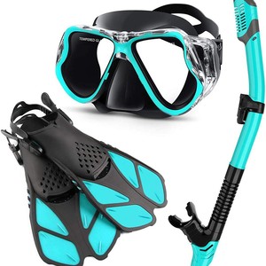 Kit de Snorkel, Máscara de Buceo, Aletas, Color Cian y Negro, Talla Adulto S M L XL, Resistente al Agua, Deportes Acuáticos - Product Image 1