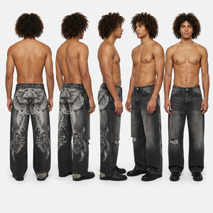 Pantalones Vaqueros de Cintura Alta y Pierna Ancha con Estampado Trasero, Estilo Streetwear, Rotos, de Algodón de Peso Medio, para Otoño - Product Image 4
