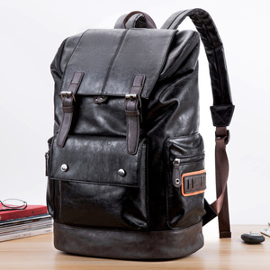 Men's PU Leather <b>Backpack</b> <b>Large</b> Capacity 15.6 Inch Laptop Bag For Travel And School Black Solid Color - Product Image 2