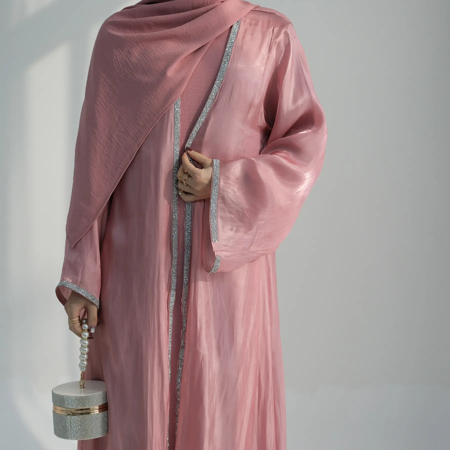 Hot Sale New Muslim Women Plain 3-Piece Set Party Dress Gown Dubai Ladies Diamond Silk Satin Clothing Dress Robe Abaya With Belt
