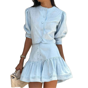 Ensemble décontracté 2 pièces pour femmes Enyami, haut à manches courtes avec boutons au col, jupe midi plissée, été, pour les vacances - Product Image 1