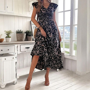 Robe longue d'été pour femme à imprimé floral, col <span class=keywords><strong>en</strong></span> V, manches courtes à volants, taille haute, coupe trapèze fluide, décontractée, pour la plage et les vacances - Product Image 2