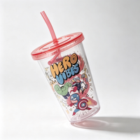 Gobelet en plastique pour enfants, super-héros de dessin animé, avec couvercle et paille, sans BPA, réutilisable, transparent, cadeau pour fête d'anniversaire
