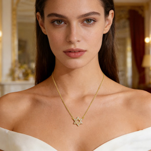 Collana Unisex Sportiva con Ciondolo a Stella di David a Sei Punte in Rame Placcato <span class=keywords><strong>Oro</strong></span> Vero, con Zirconi e Catena a Bambù, per Commercio Transfrontaliero - Product Image 4