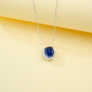 925 Sterling Silver Cushion Cut Lab Created Sapphire Pendant Necklace, Halo with Diamond Accents Fine Jewelry for Women - Product Image 4